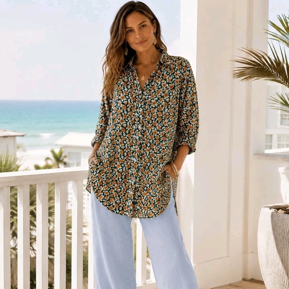 Omika‎ Handmade Floral Button Shirt L Teal Boho Quiet Luxury Resort Cottagecore